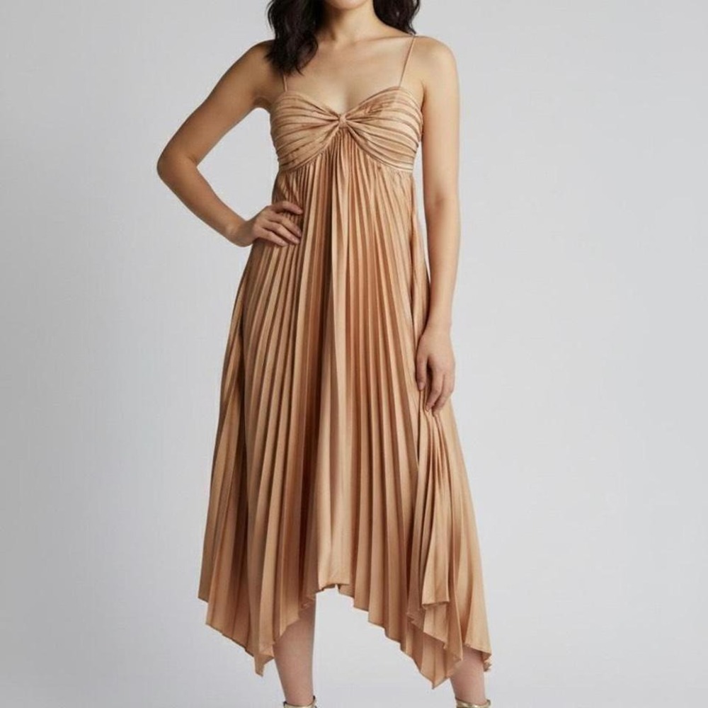 Petal and Pup Tan Pleated Strappy Midi Dress US 10 AU 14